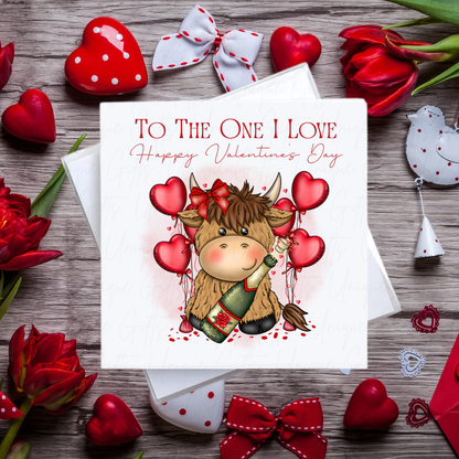 Highland Cow Valentine's Day Card – To The One I Love Gift Design – Handmade Square Card