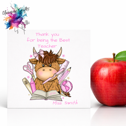 Best Teacher Card – Highland Cow with Stationery