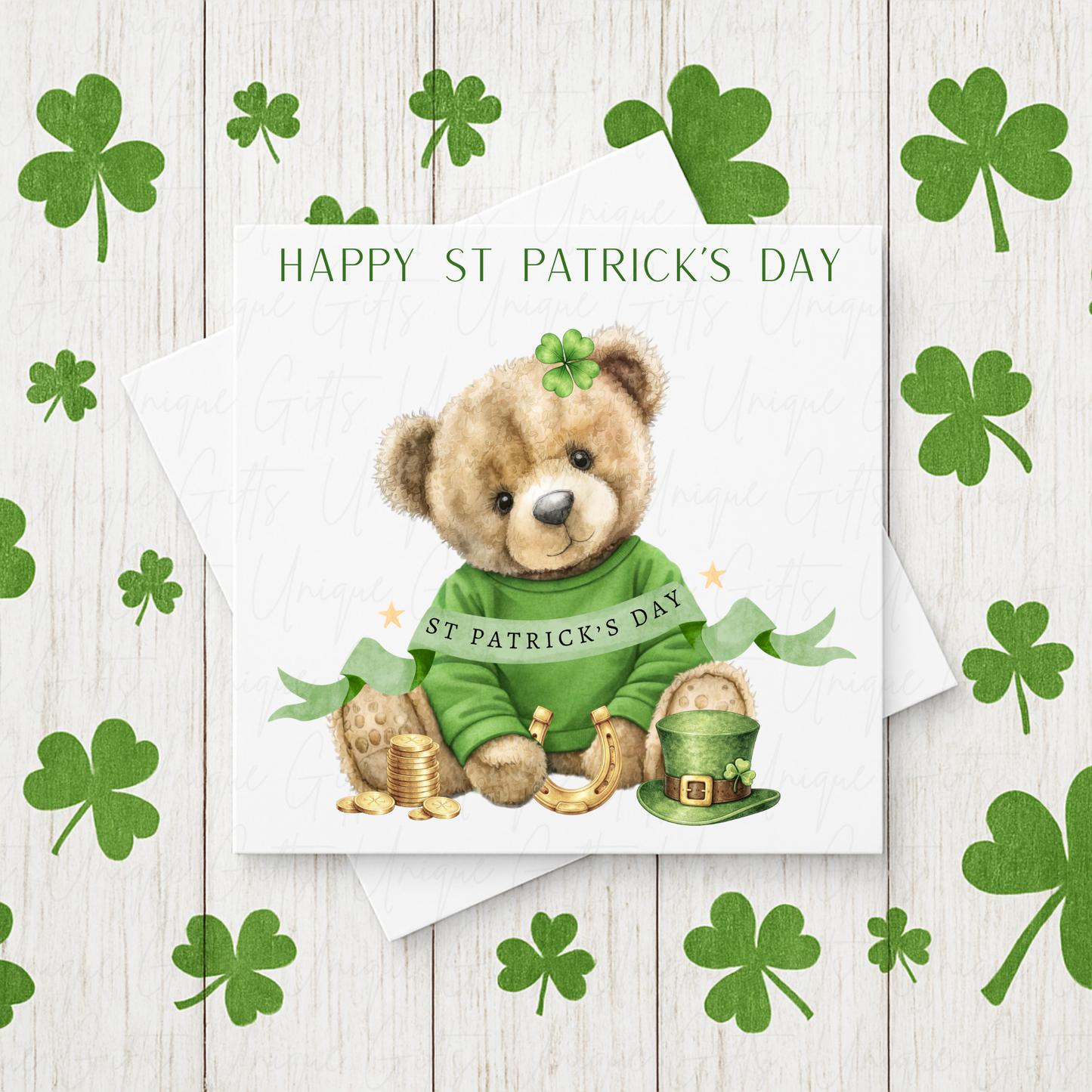 Personalised St Patrick's Day girl bear card – handmade personalised 6x6 inch Irish greeting card