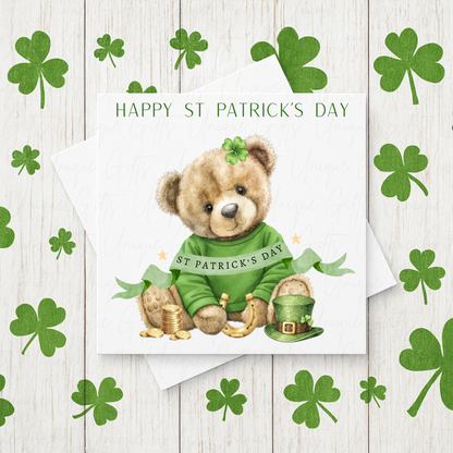 Personalised St Patrick's Day girl bear card – handmade personalised 6x6 inch Irish greeting card