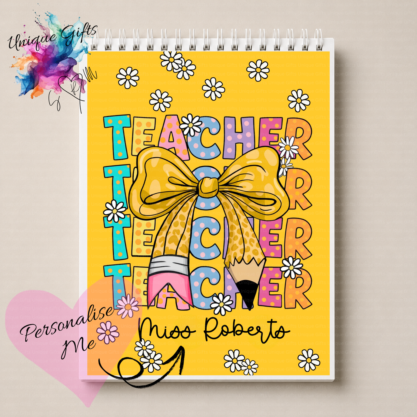 Personalised Teacher Notebook – Yellow Bow Design