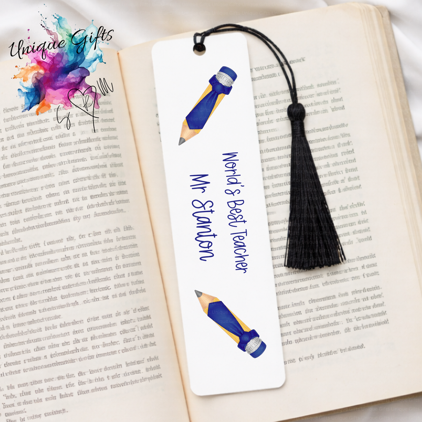 Personalised Teacher Bookmark – Blue Pencil Design
