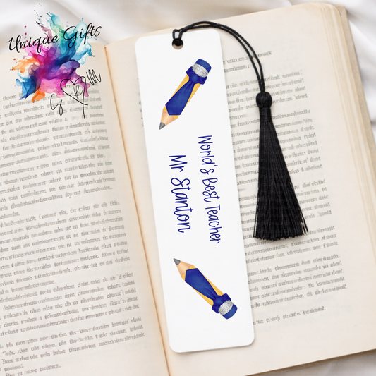 Personalised Teacher Bookmark – Blue Pencil Design