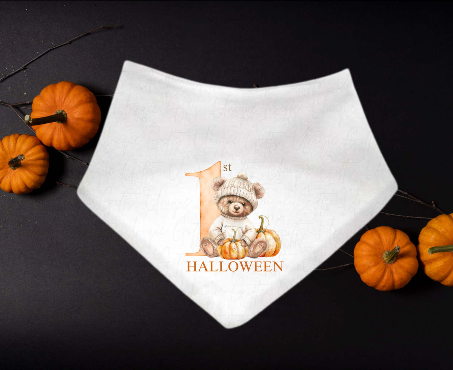 Personalised Halloween bandana bib – cute bear design, baby Halloween gift