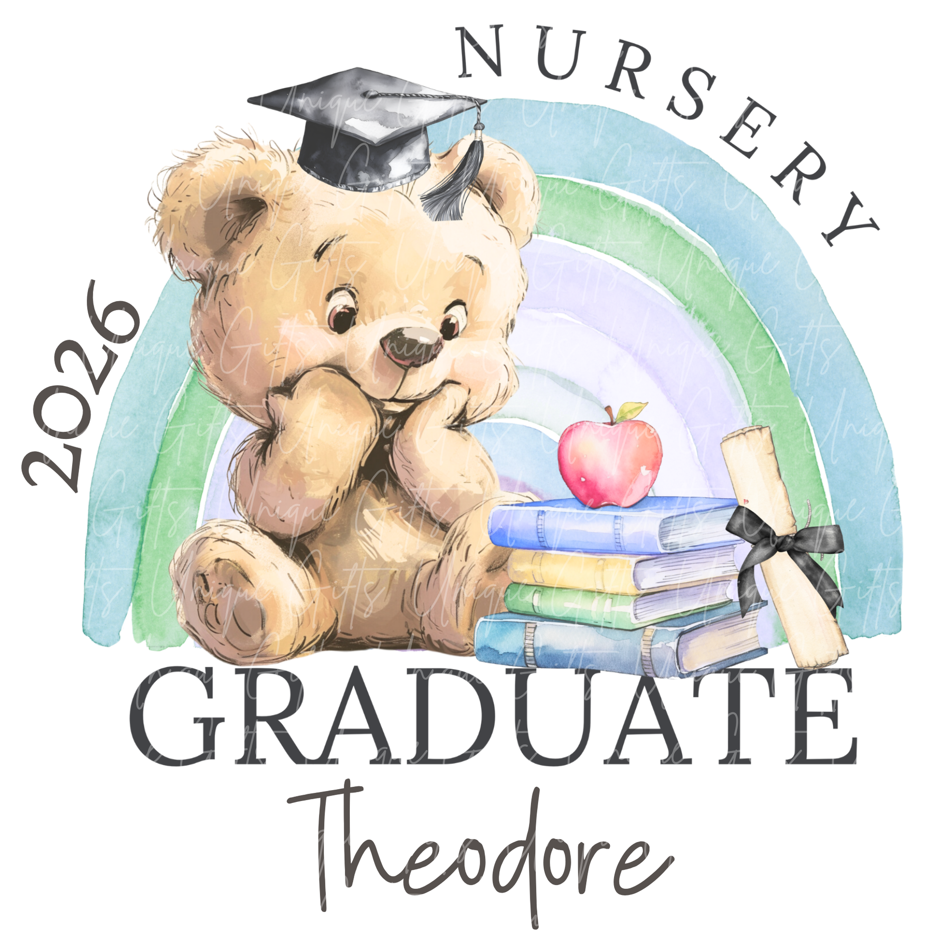 Personalised nursery graduate children's t-shirt – custom name kids tee, sizes 3-4 years to 5-6 years