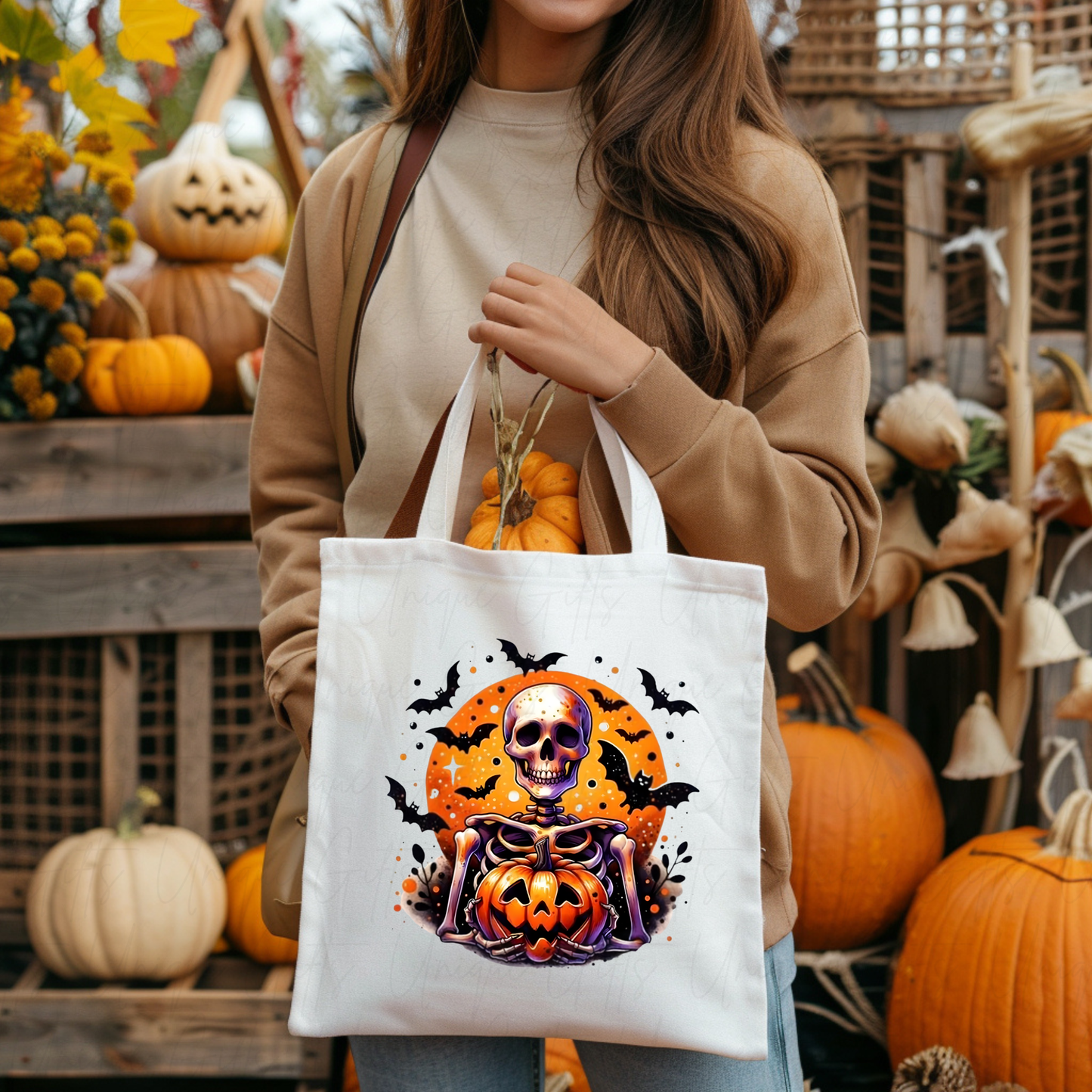 Skeleton Pumpkin Halloween Tote Bag – Spooky Reusable Trick or Treat Bag | Gothic Gift Tote UK