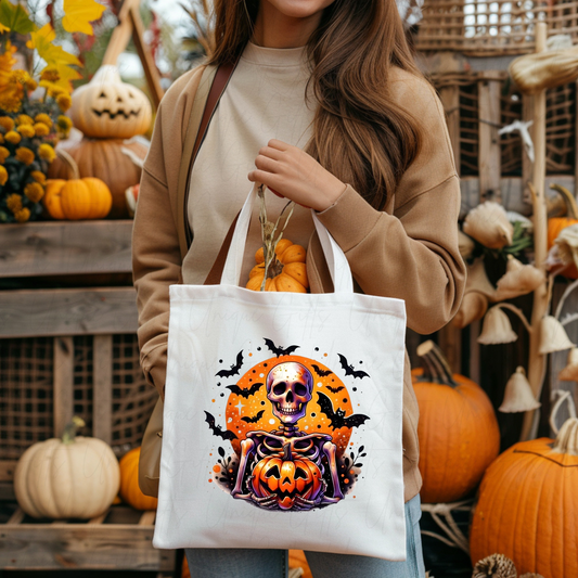 Skeleton Pumpkin Halloween Tote Bag – Spooky Reusable Trick or Treat Bag | Gothic Gift Tote UK