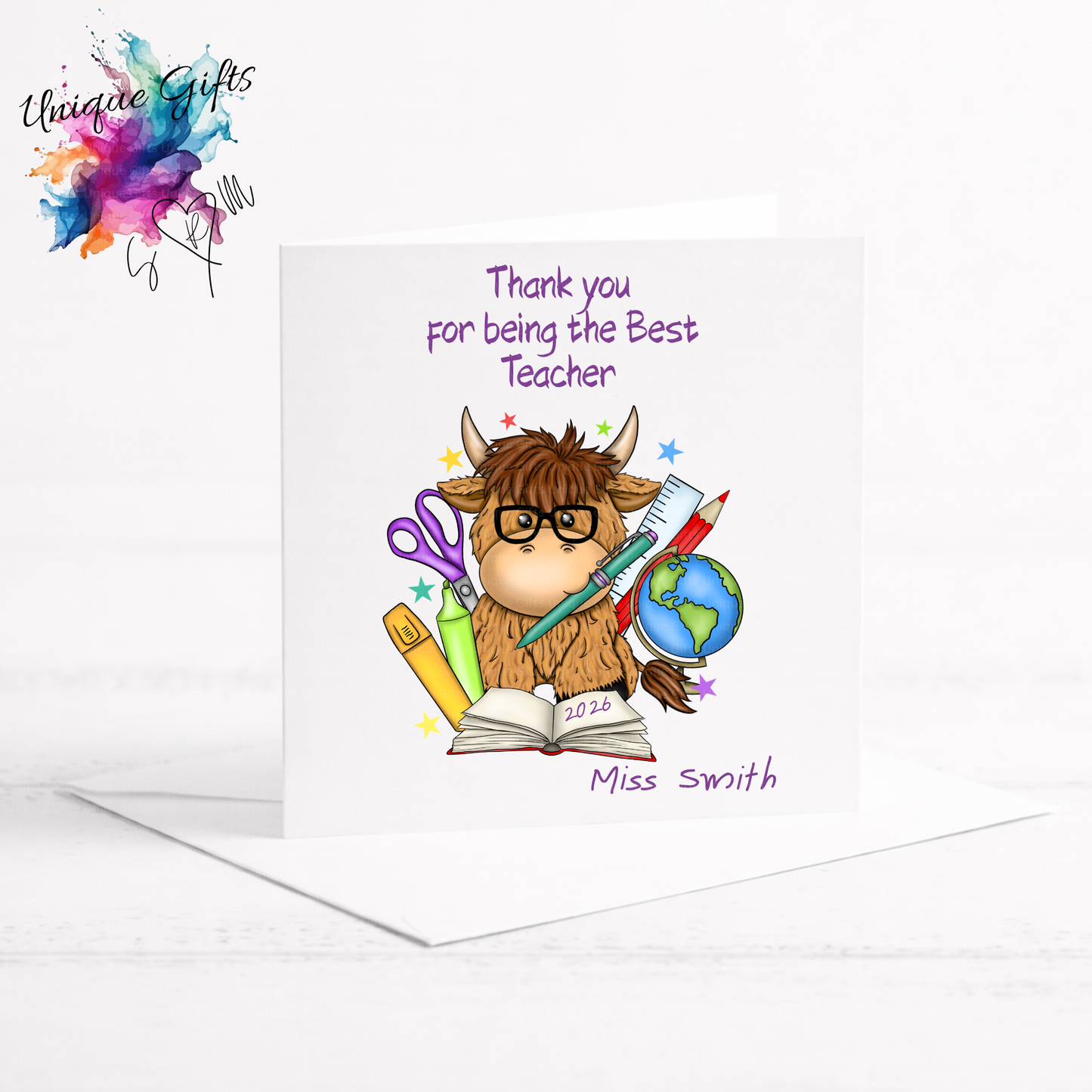 Best Teacher Card – Highland Cow with Glasses
