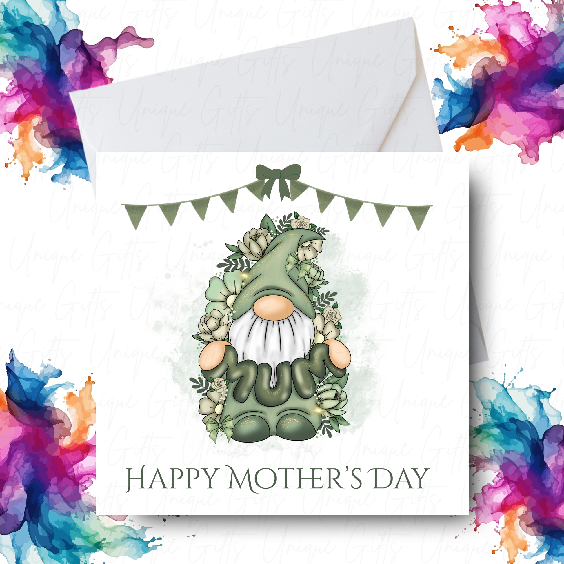 Sage Green Gonk Holding MUM Mother's Day Card Design – Unique Gifts