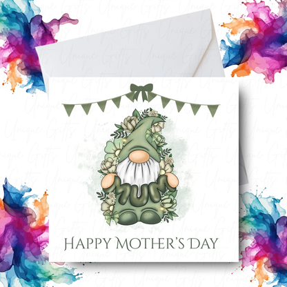 Sage Green Gonk Holding MUM Mother's Day Card Design – Unique Gifts