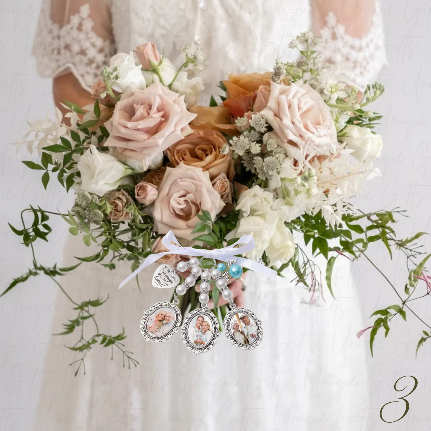 Memorial Pearl Bouquet Charm with Custom Photo – 3 Pendants Available – Unique Gifts