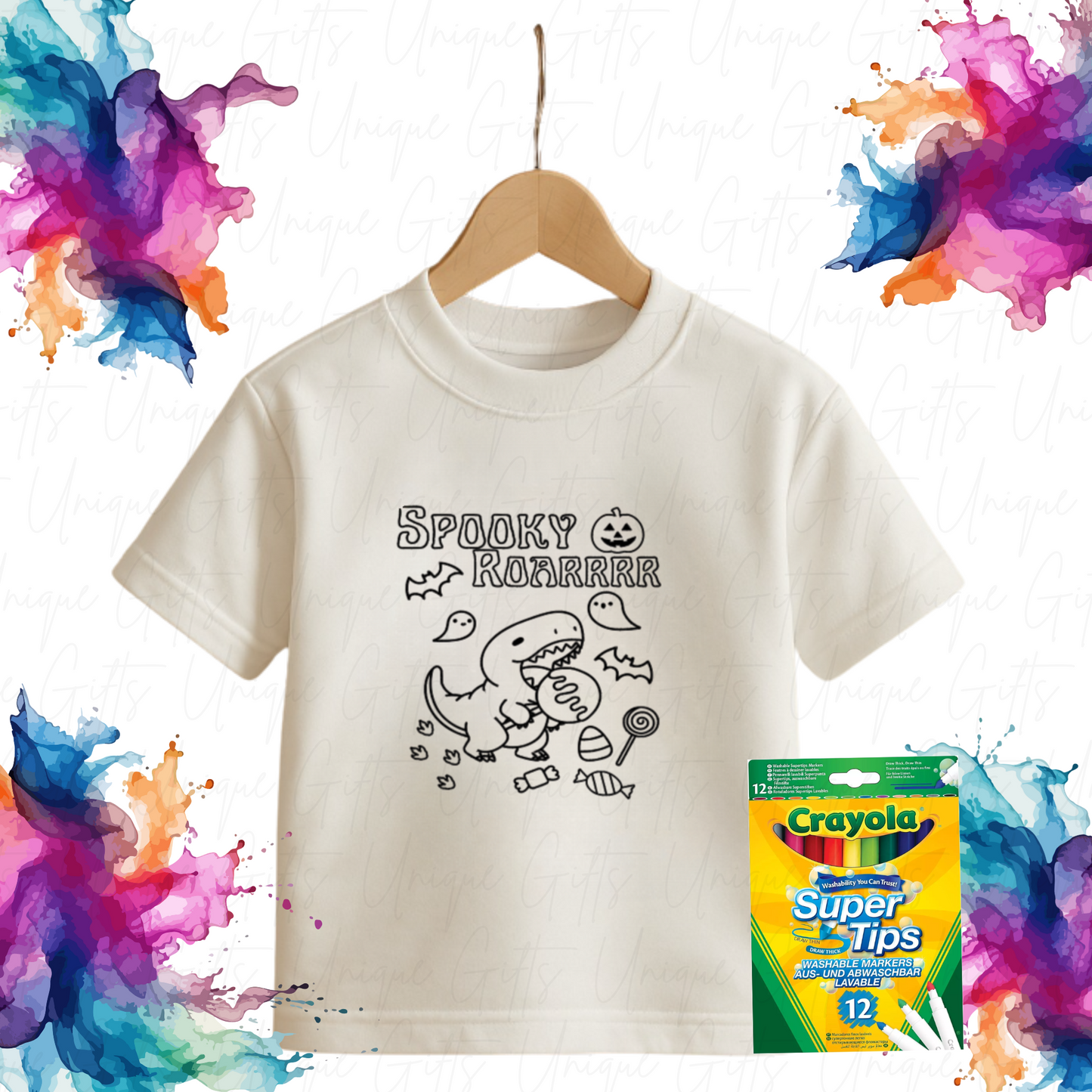 Colour Me In T-Shirt – Spooky Roar Dinosaur | Kids Creative Activity Tee | 100% Cotton