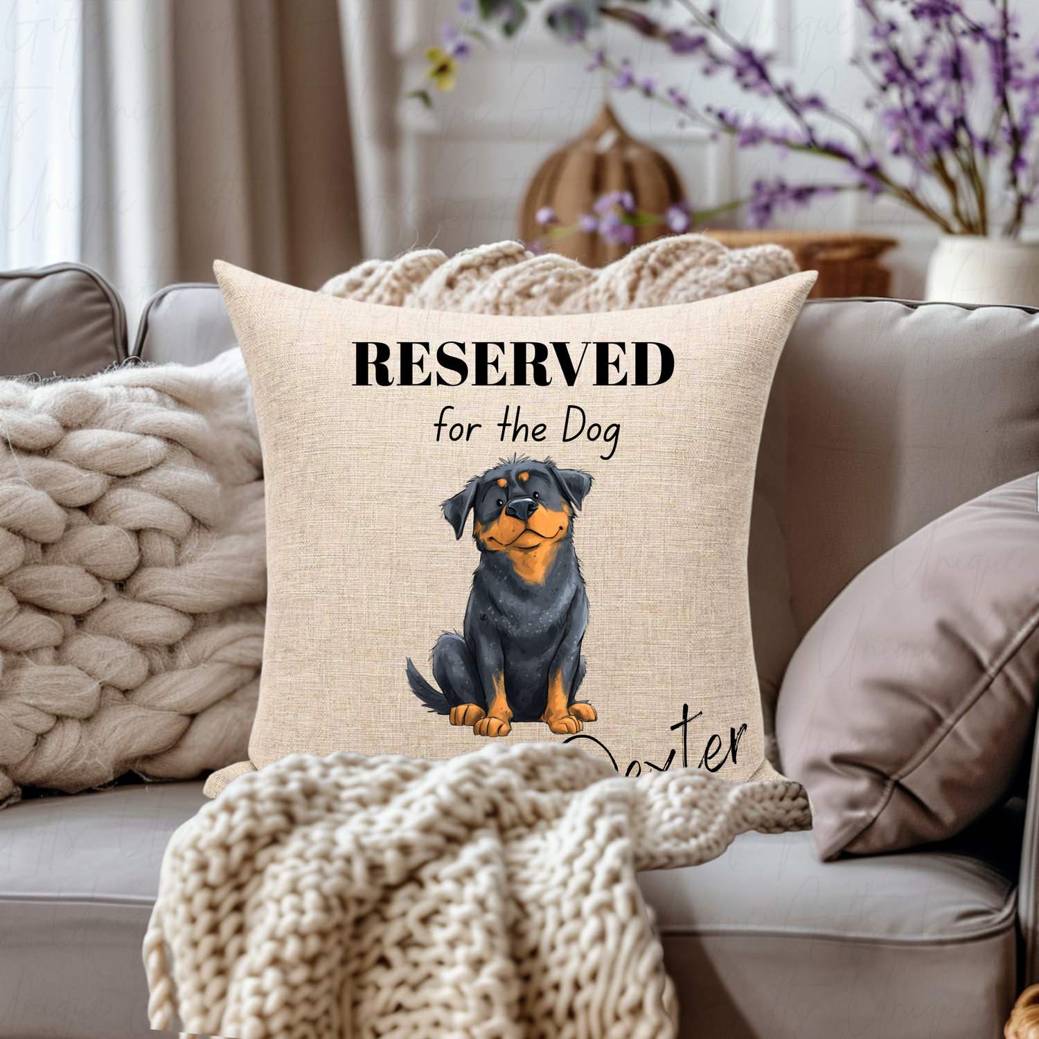 Personalised Reserved for the Dog cushion cover on sofa – rustic linen look 40cm square | Unique Gifts