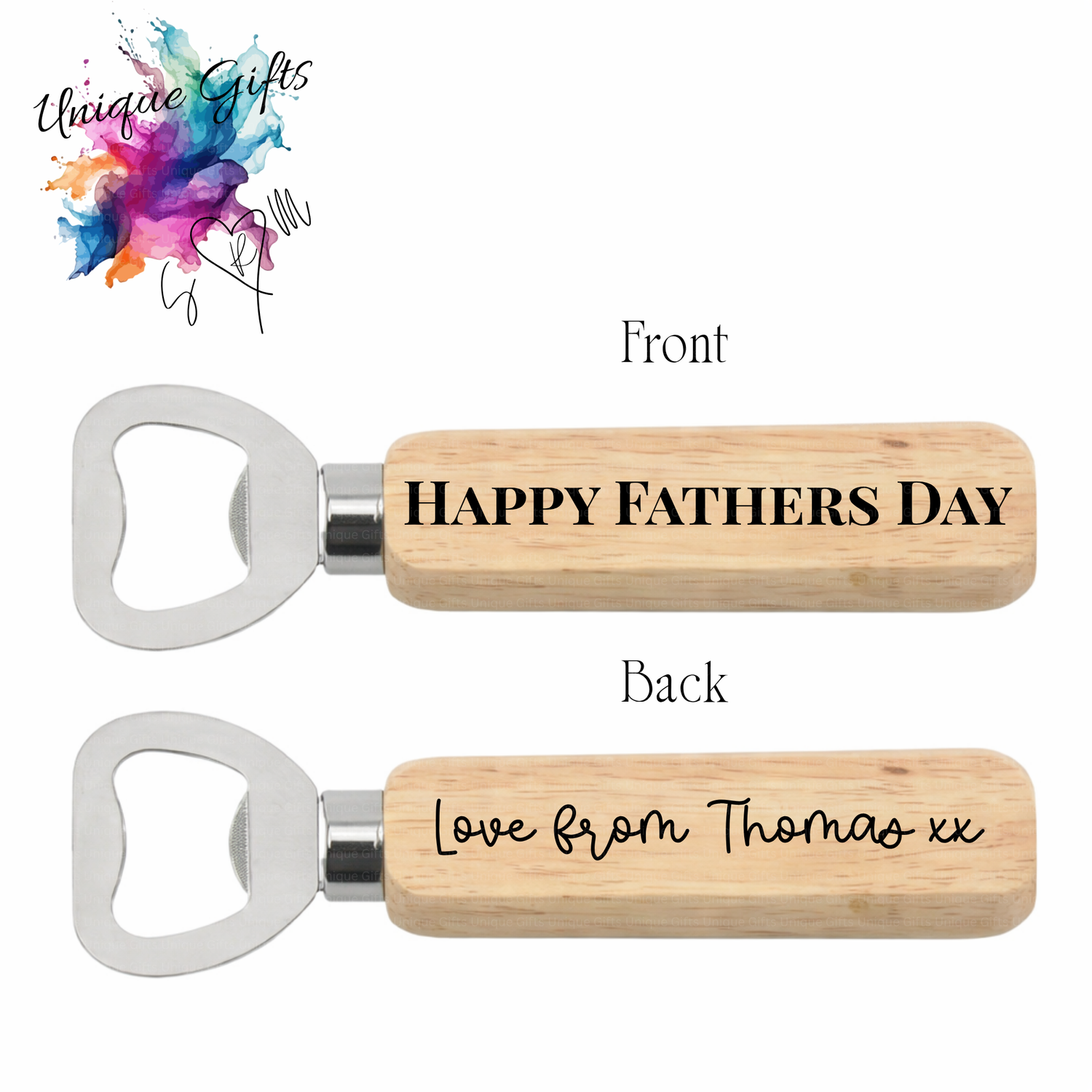 Bottle opener with wooden handle and engraved text, suitable for Father's Day.