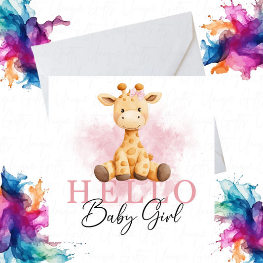 Welcome Baby Girl Card – “Hello Baby Girl” Cute Giraffe Design, Handmade