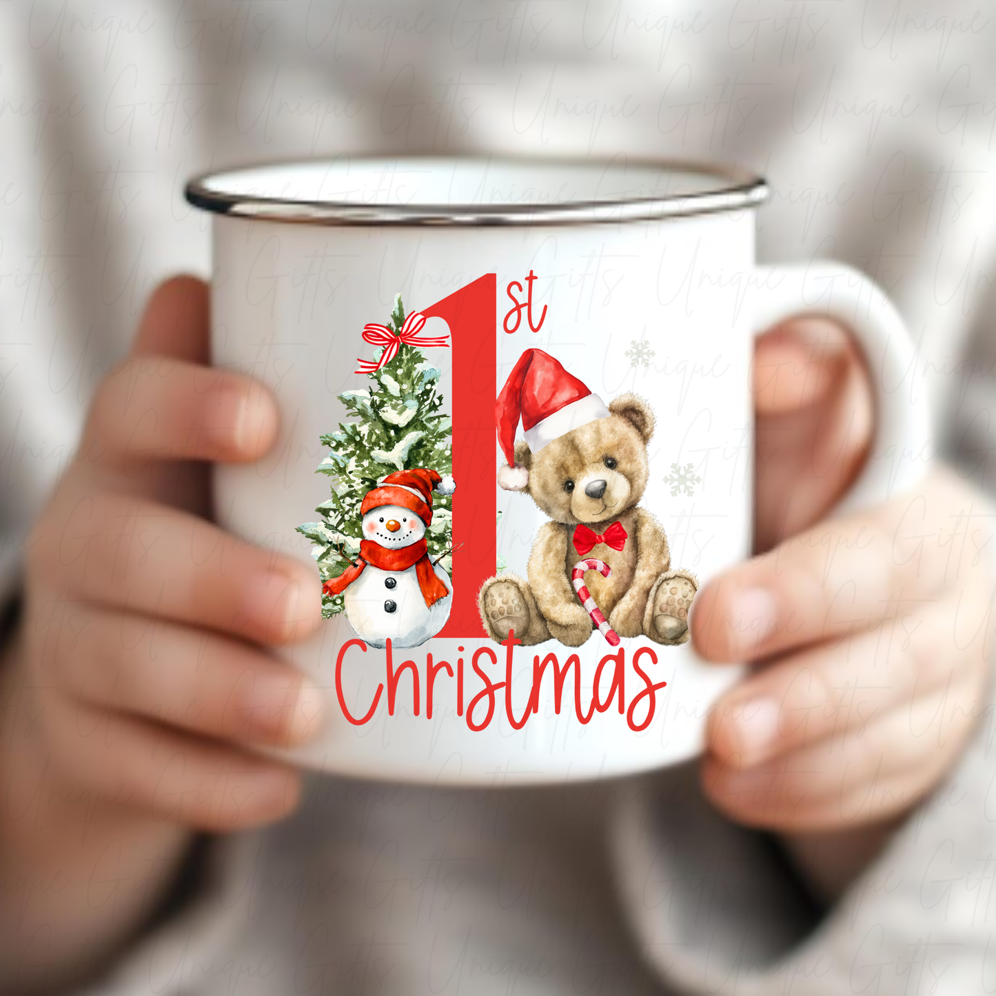 12oz Enamel Mug with Silver Rim – “1st Christmas” Design | Vintage Holiday Mug