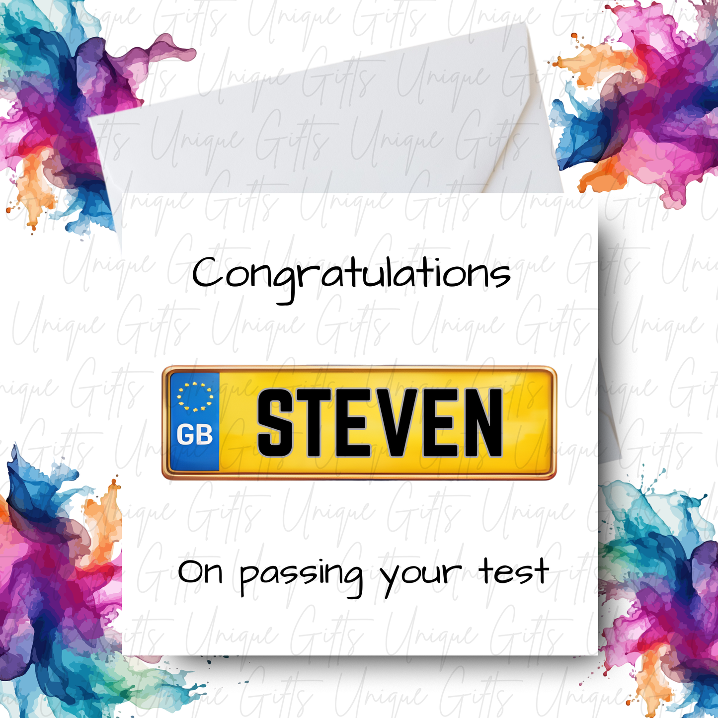 Passed driving test card with number plate design and colourful watercolour splash border | Unique Gifts