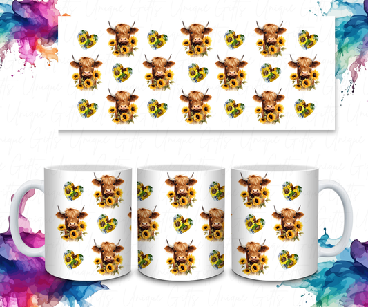 Coffee Mug Featuring A Highland Cow and Sunflowers Hearts.