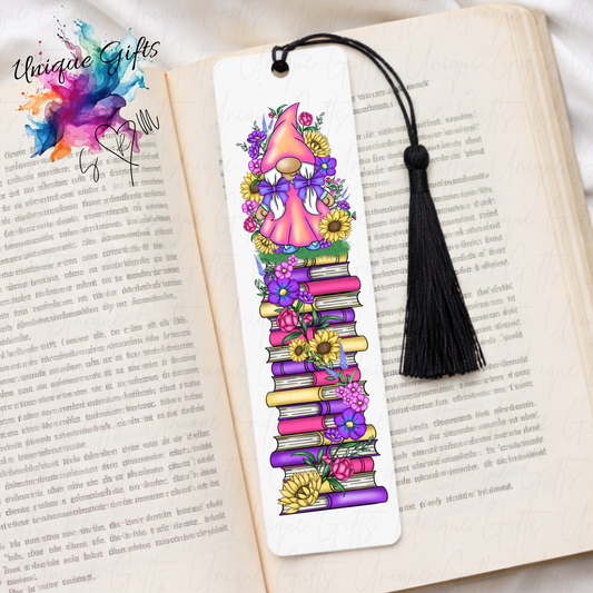 Personalised gonk bookmark with colourful flowers – bright book stack design – aluminium with black tassel