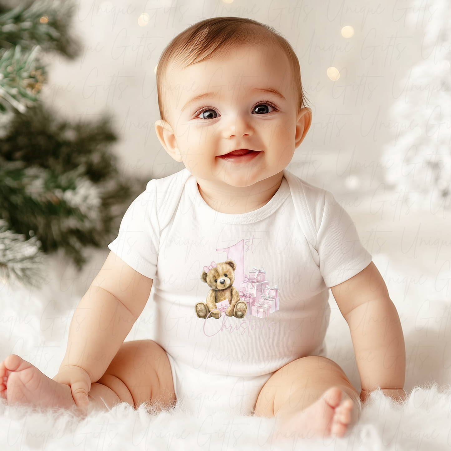 My First Christmas Baby Grow – Pink Bear Festive Baby Outfit