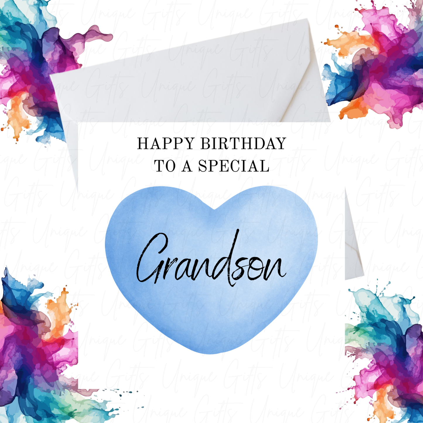 Blue Heart Birthday Card for Grandson – Handmade Card with Elegant Design, Perfect for a Special Grandson