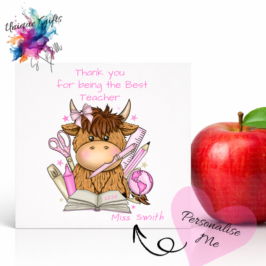 Best Teacher Card – Highland Cow with Stationery
