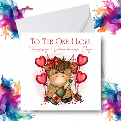 Highland Cow Valentine's Day Card – To The One I Love Gift Design – Handmade Square Card