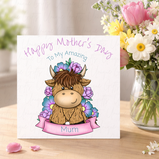 Personalised Mother's Day Card – Highland Cow to an Amazing Mum – Lifestyle Shot