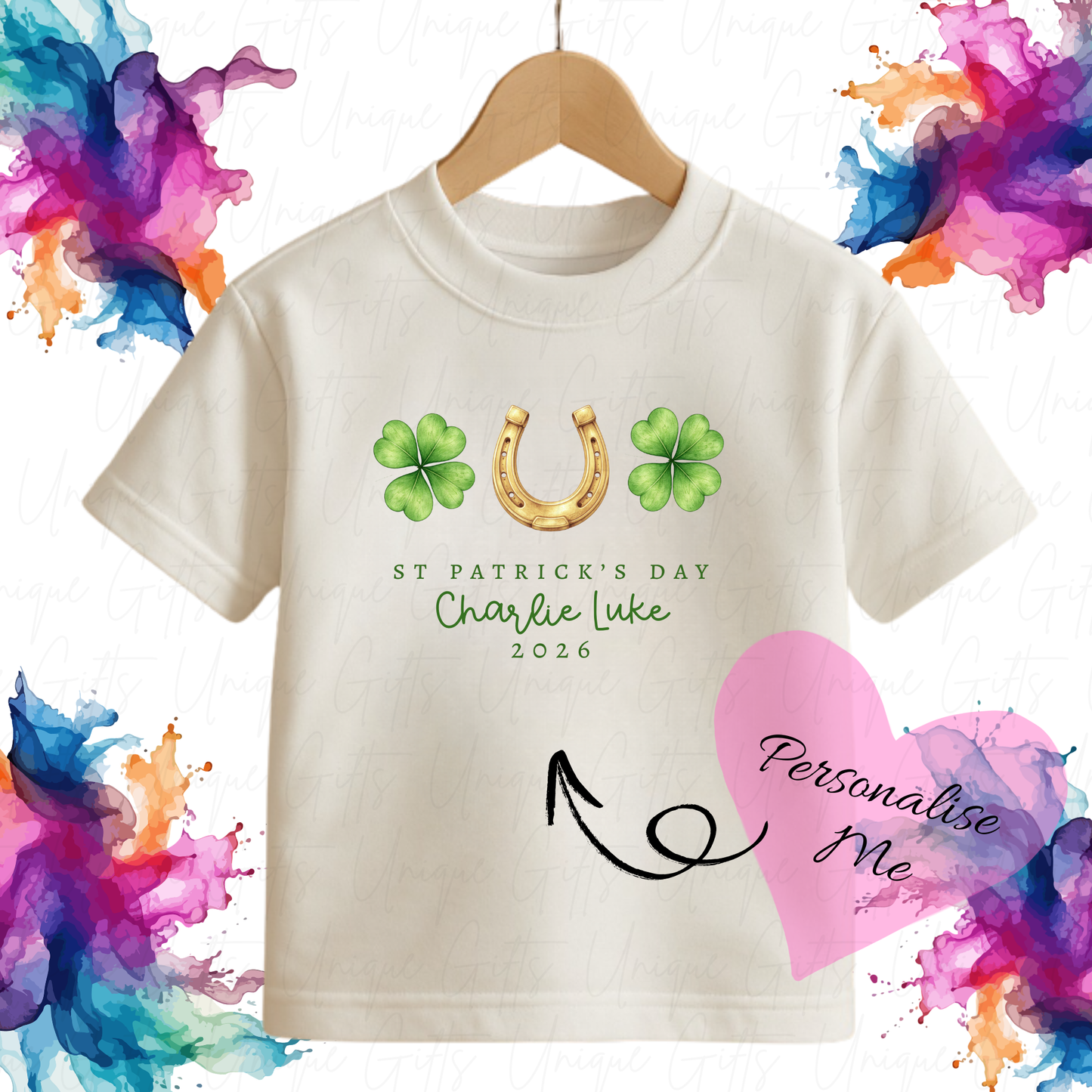 Personalised St Patrick's Day lucky horseshoe children's t-shirt – custom name kids tee, sizes 6 months to 5-6 years