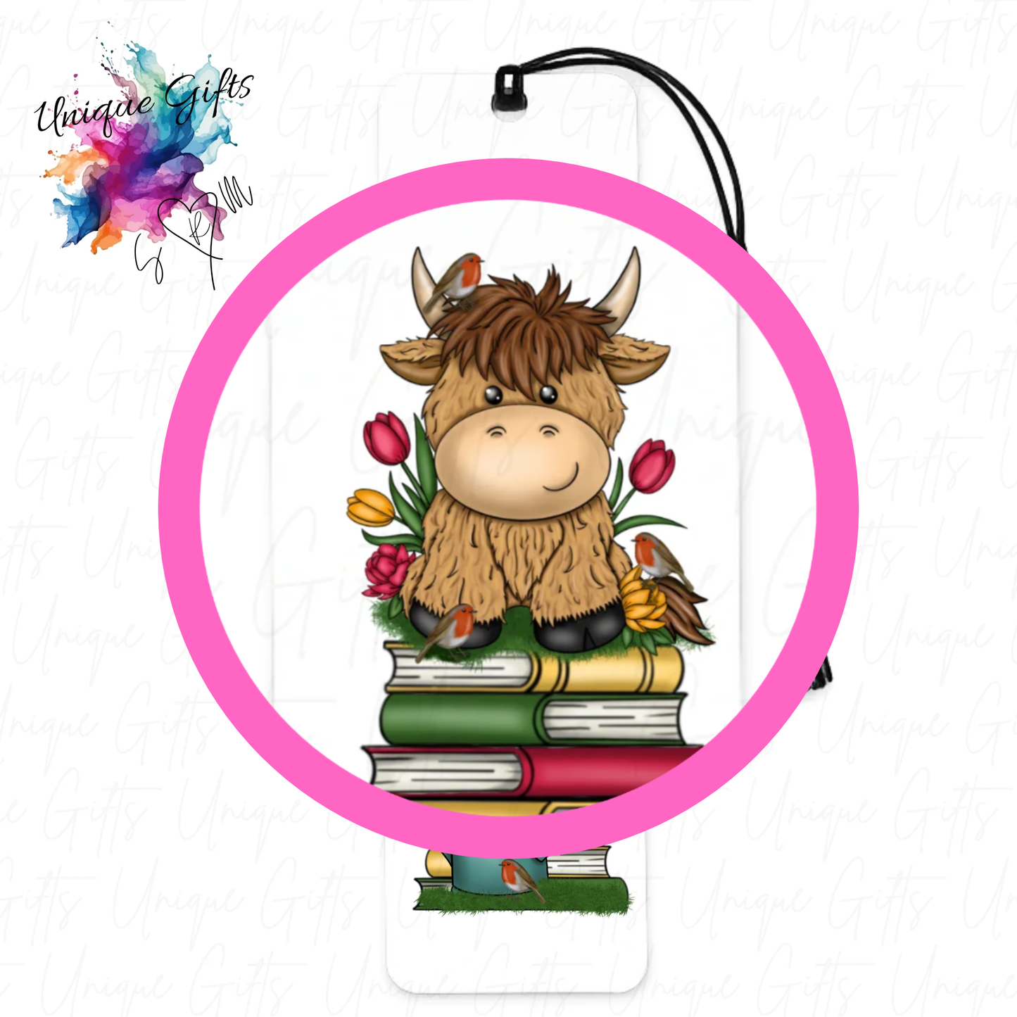 Highland cow robins bookmark close up – charming garden design, personalised cow gift