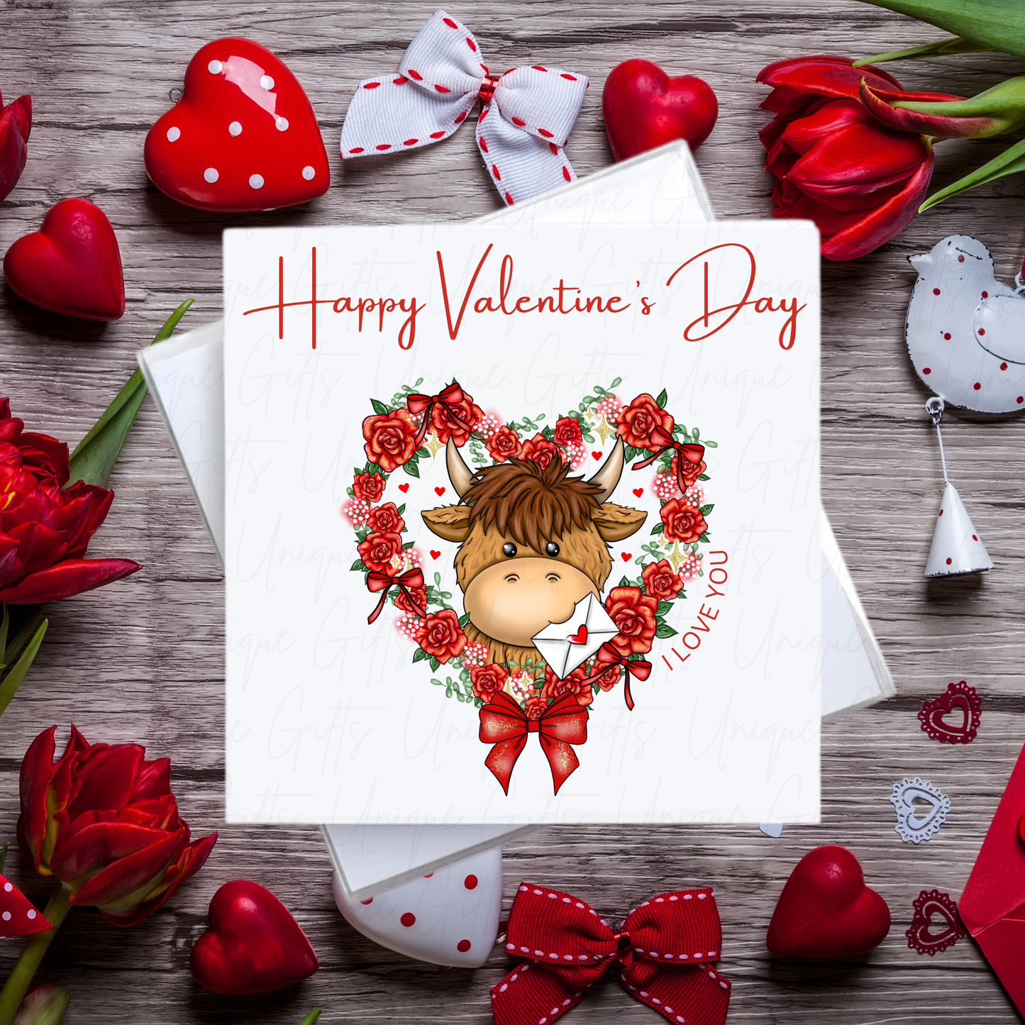 Highland Cow Valentine's Day Card – Floral Heart Wreath – Handmade Square Card