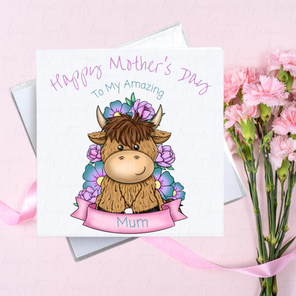 Personalised Mother's Day Card – Highland Cow to an Amazing Mum – With Envelope