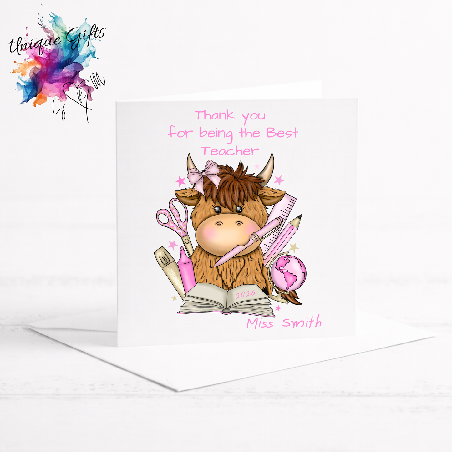 Best Teacher Card – Highland Cow with Stationery