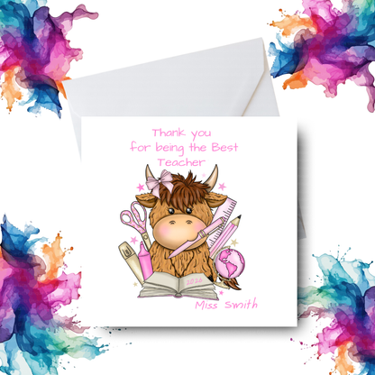 Best Teacher Card – Highland Cow with Stationery