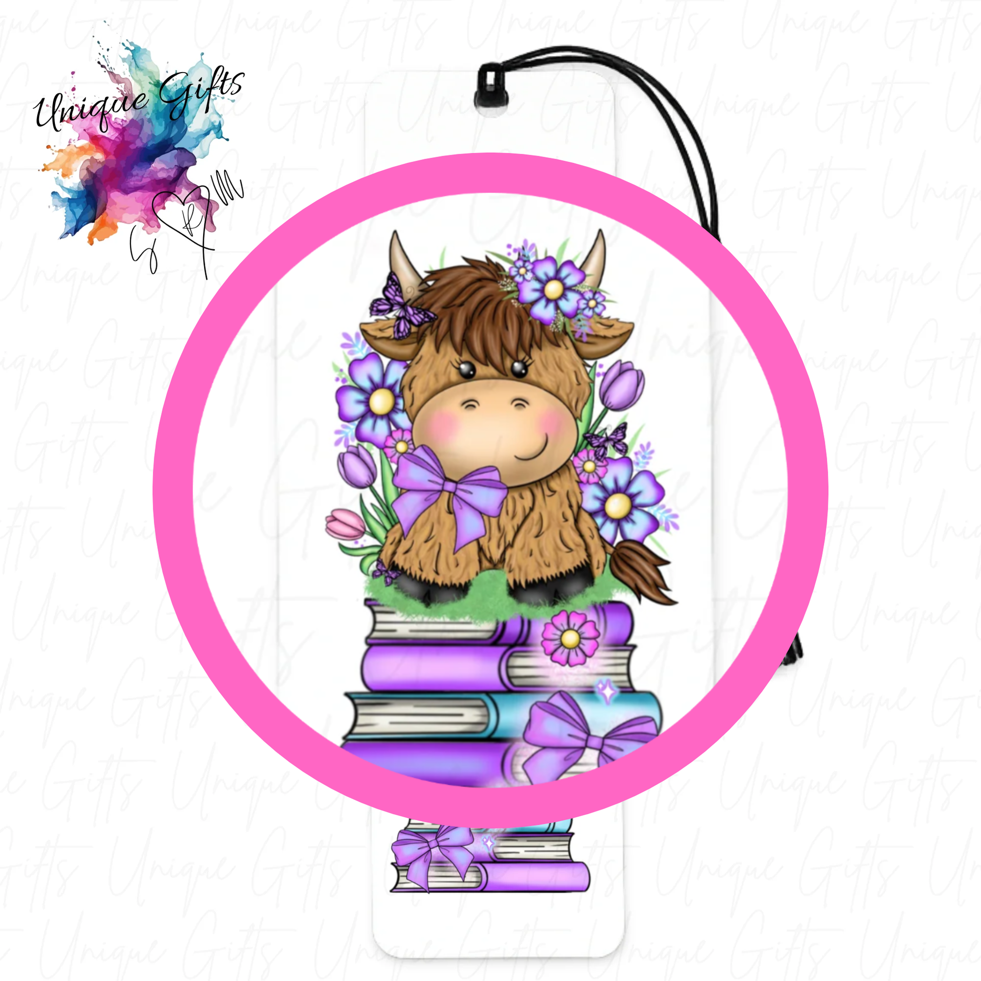 Highland cow purple flowers bookmark close up – vibrant floral design, personalised cow gift