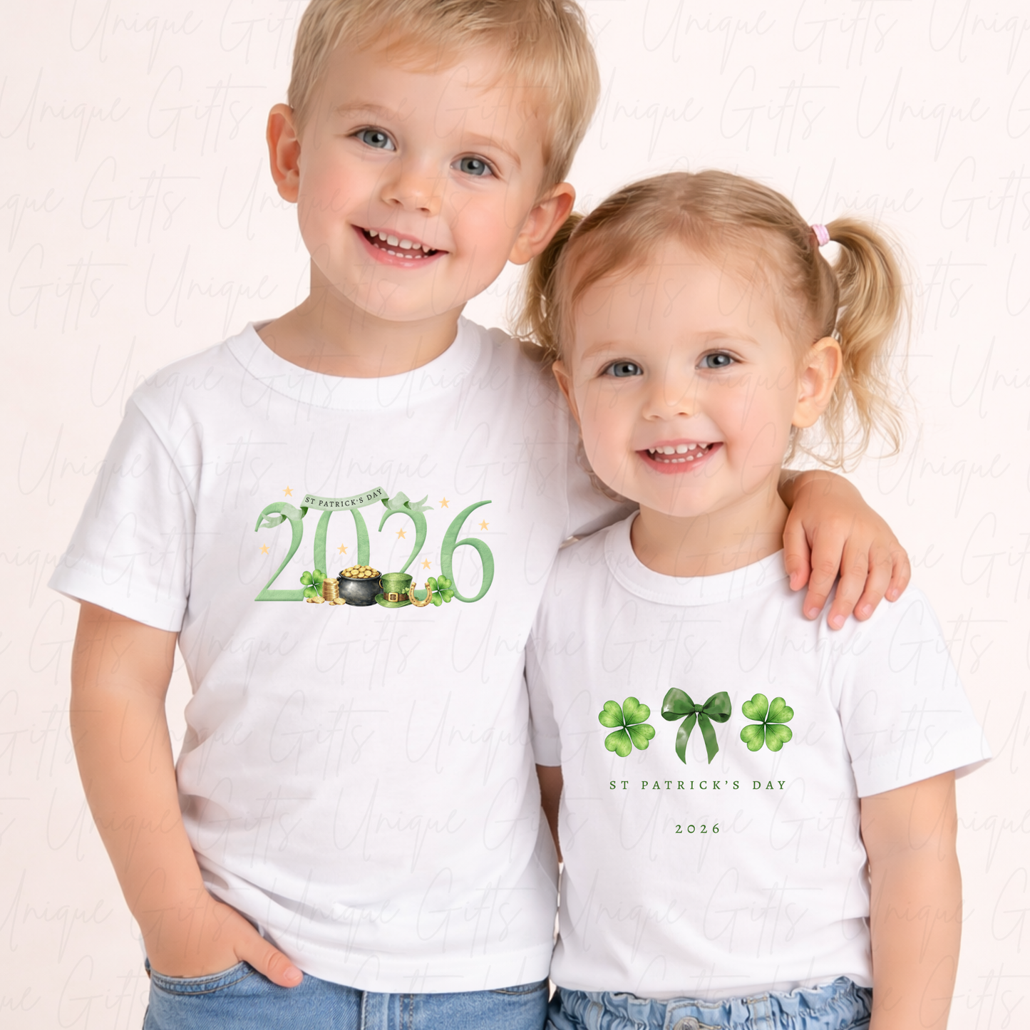 Personalised St Patrick's Day lucky bow children's t-shirt – custom name kids tee, sizes 6 months to 5-6 years