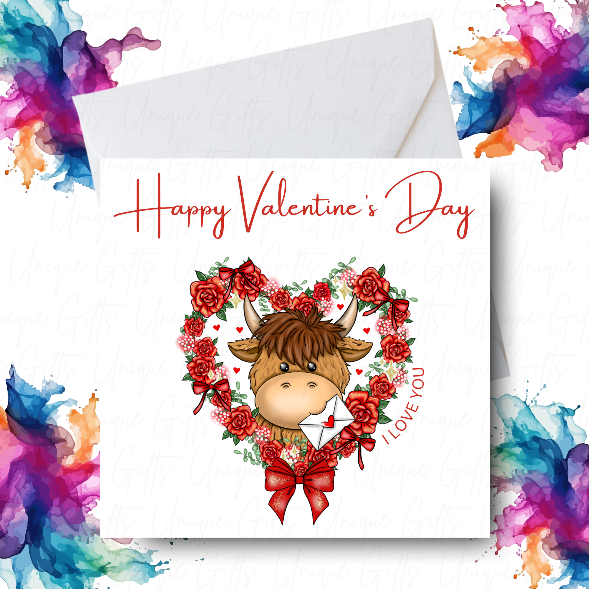 Highland Cow Valentine's Day Card – Floral Heart Wreath – Handmade Square Card
