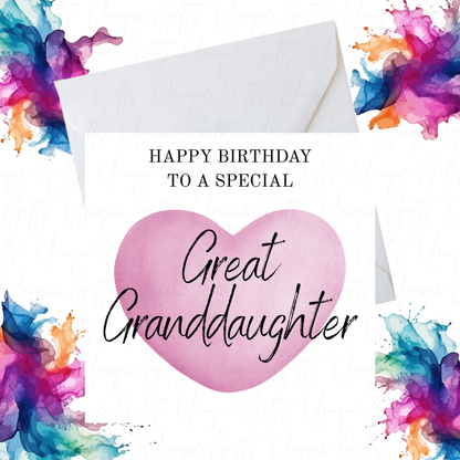 Pink Heart Birthday Card for Great Granddaughter – Handmade Card with Elegant Design