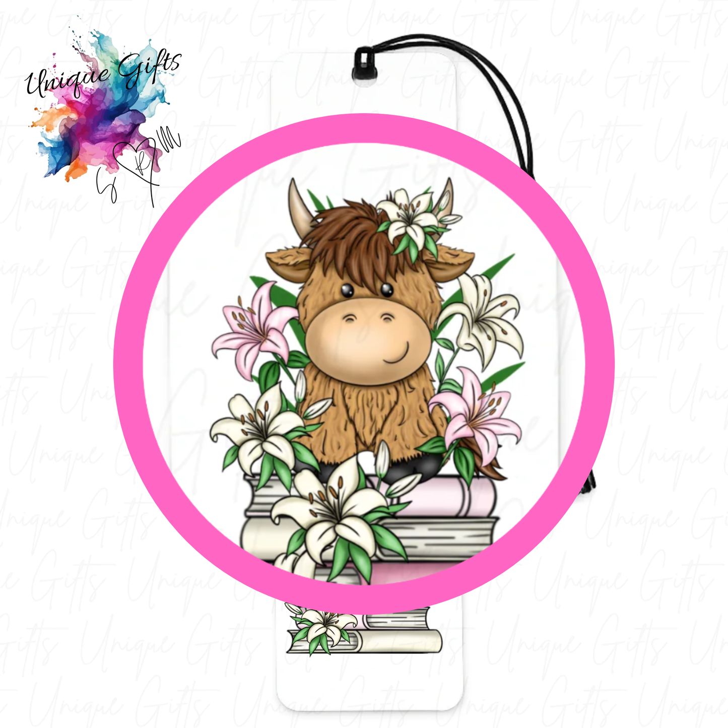 Highland cow lilies bookmark close up – elegant floral design, personalised book lover gift