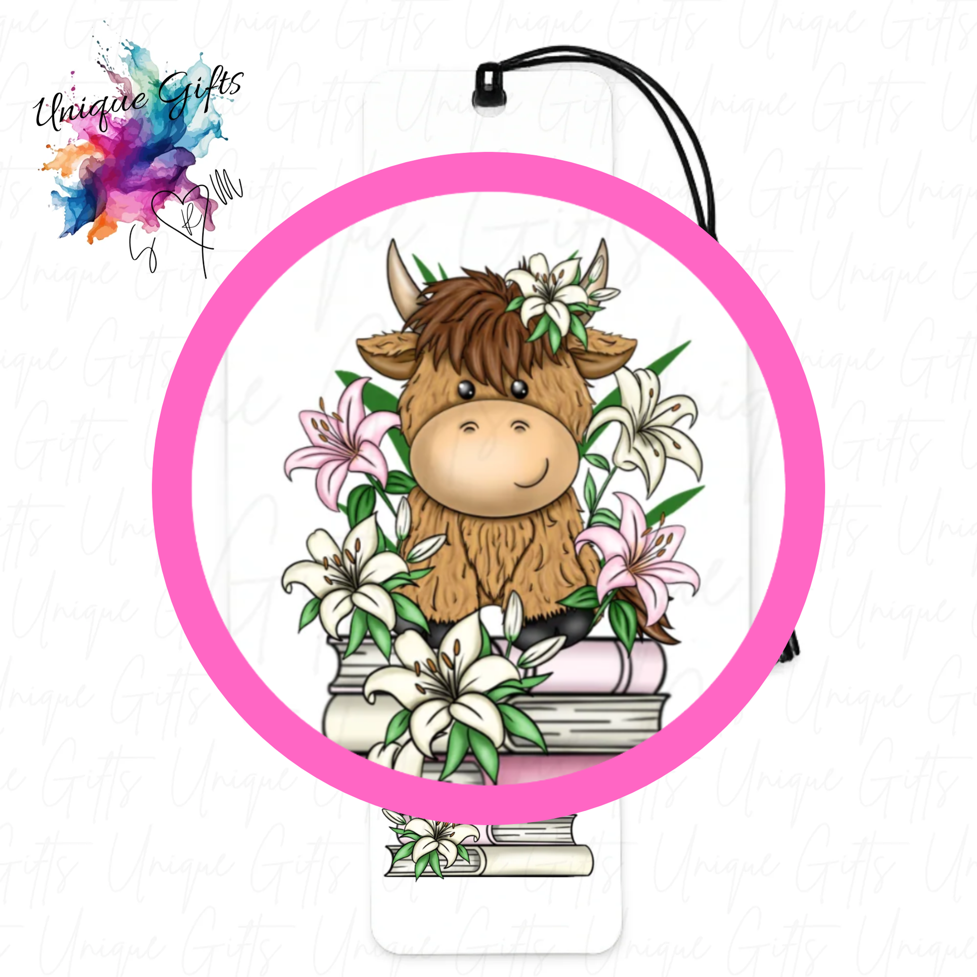 Highland cow lilies bookmark close up – elegant floral design, personalised book lover gift