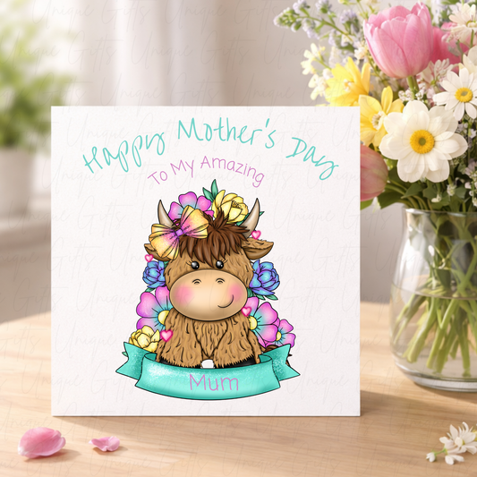 Personalised Mother's Day Card – Bright Highland Cow Amazing Mum – Lifestyle Shot
