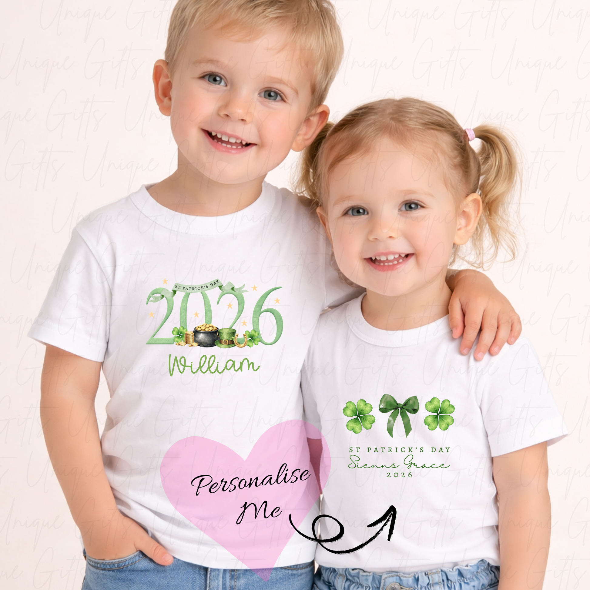 Personalised St Patrick's Day lucky bow children's t-shirt – custom name kids tee, sizes 6 months to 5-6 years
