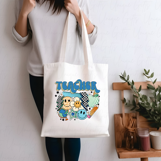 Teacher tote bag retro groovy design in blue – reusable white polyester bag - Unique Gifts