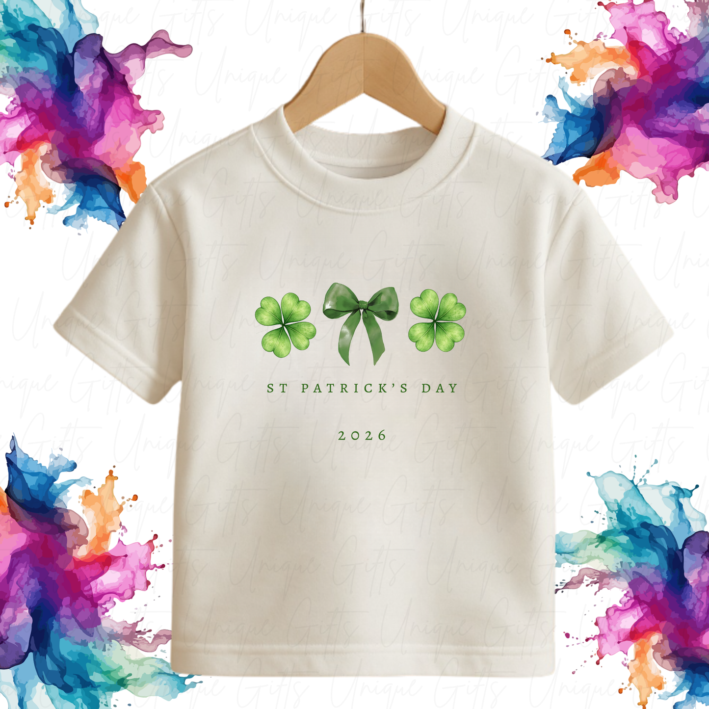 Personalised St Patrick's Day lucky bow children's t-shirt – custom name kids tee, sizes 6 months to 5-6 years
