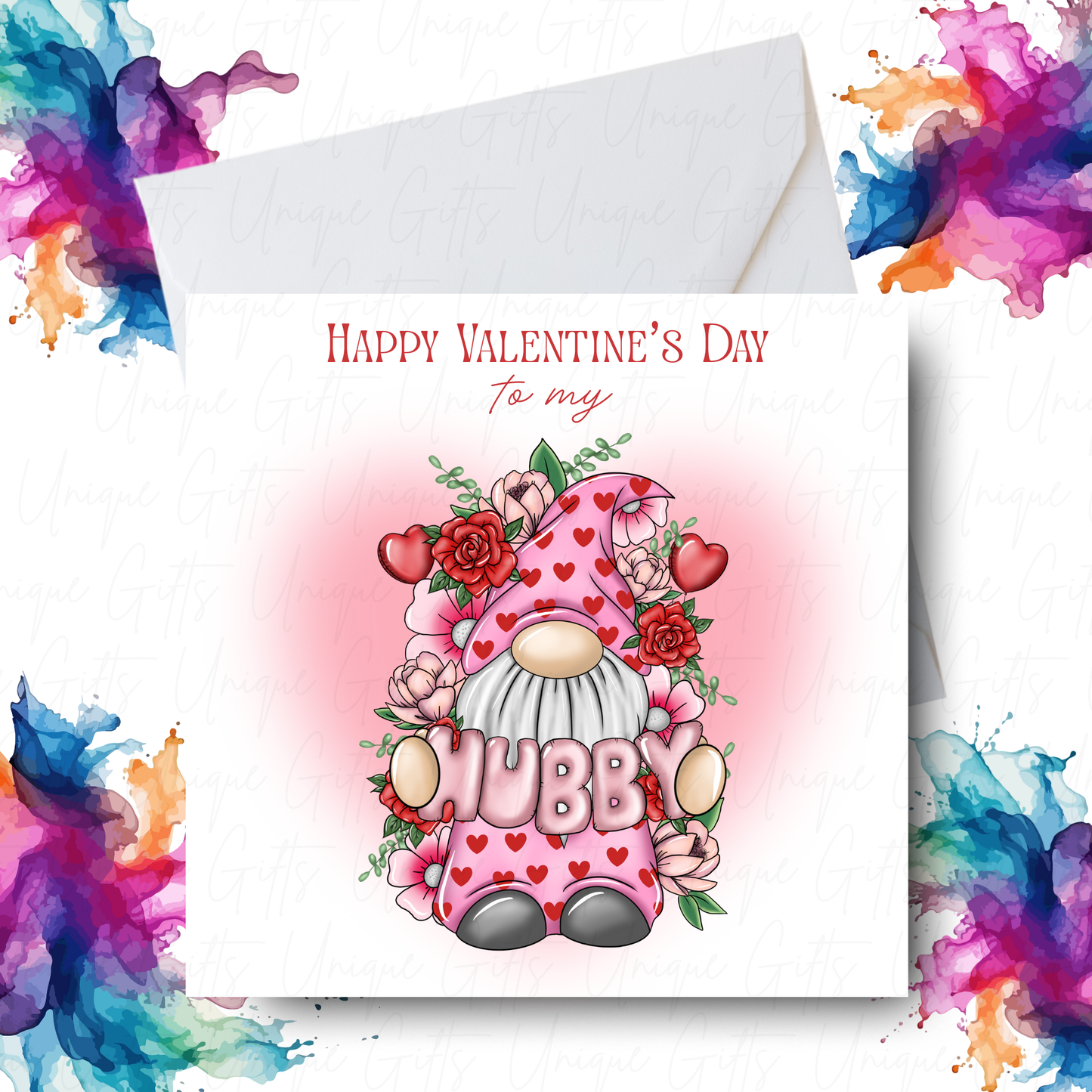 Gnome Hubby Happy Valentine's Day Card – To My Hubby – Handmade Square Card