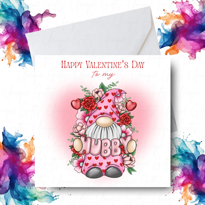 Gnome Hubby Happy Valentine's Day Card – To My Hubby – Handmade Square Card