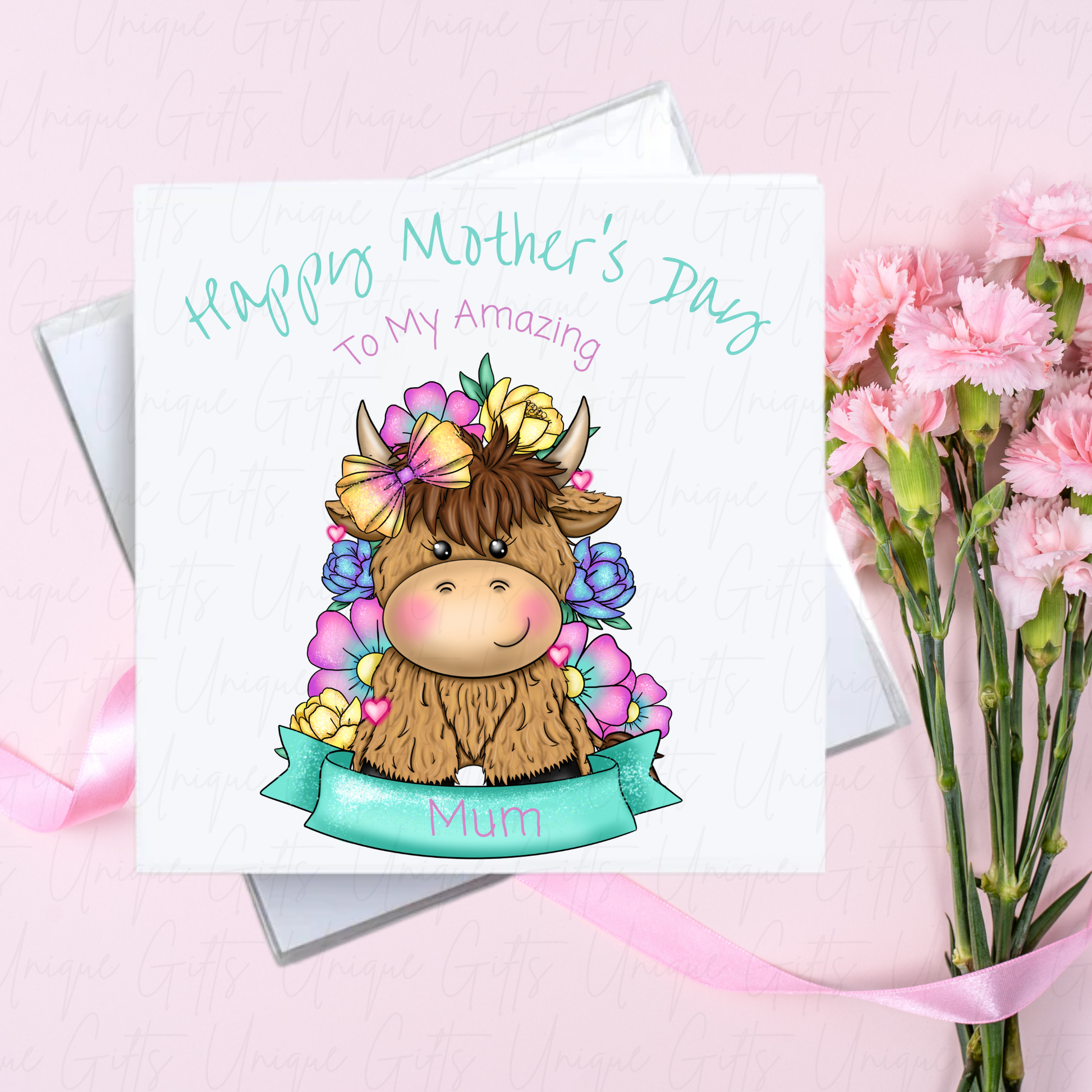 Personalised Mother's Day Card – Bright Highland Cow Amazing Mum – With Envelope