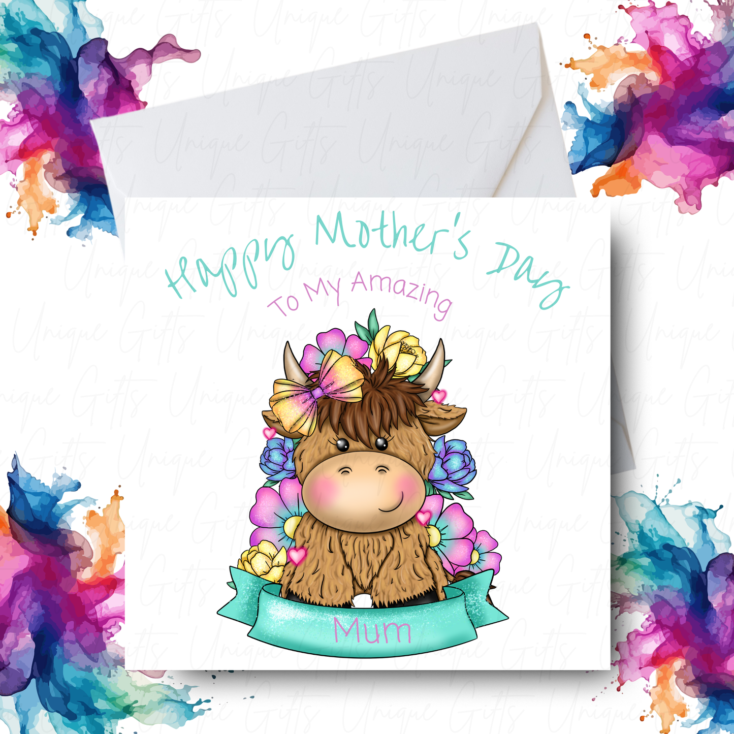 Bright Highland Cow Amazing Mum Mother's Day Card Design – Unique Gifts