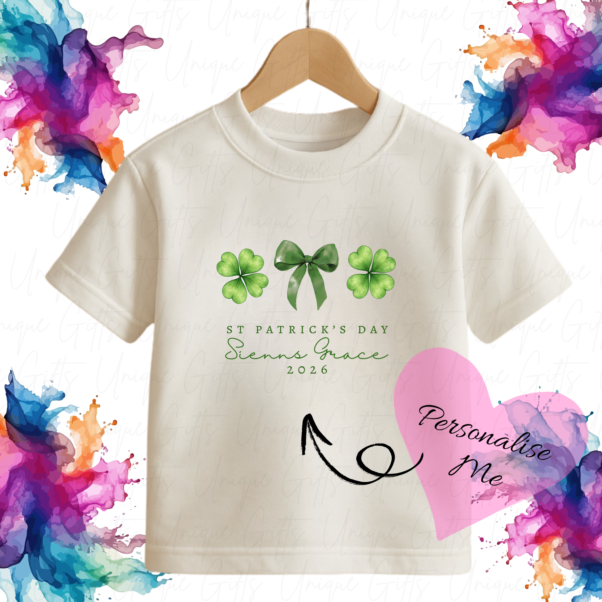 Personalised St Patrick's Day lucky bow children's t-shirt – custom name kids tee, sizes 6 months to 5-6 years