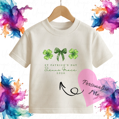 Personalised St Patrick's Day lucky bow children's t-shirt – custom name kids tee, sizes 6 months to 5-6 years